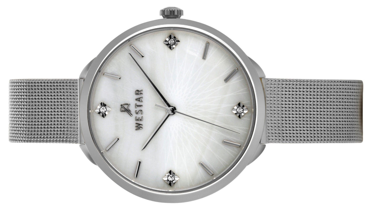 Westar Zing Crystal Accents Stainless Steel Mesh White Mother Of Pearl Dial Quartz 00128STN11 Women's Watch