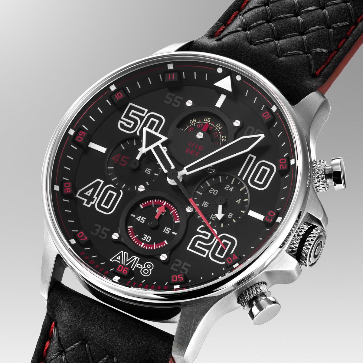 ساعة رجالية AVI-8 Hawker Typhoon Coningham Chronograph بسوار جلدي ومينا أسود كوارتز AV-4093-0A