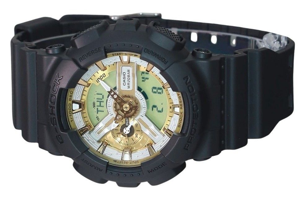 ساعة كاسيو جي شوك التناظرية الرقمية بمينا ذهبي وحزام راتنج كوارتز GA-110CD-1A9 200 متر للرجال