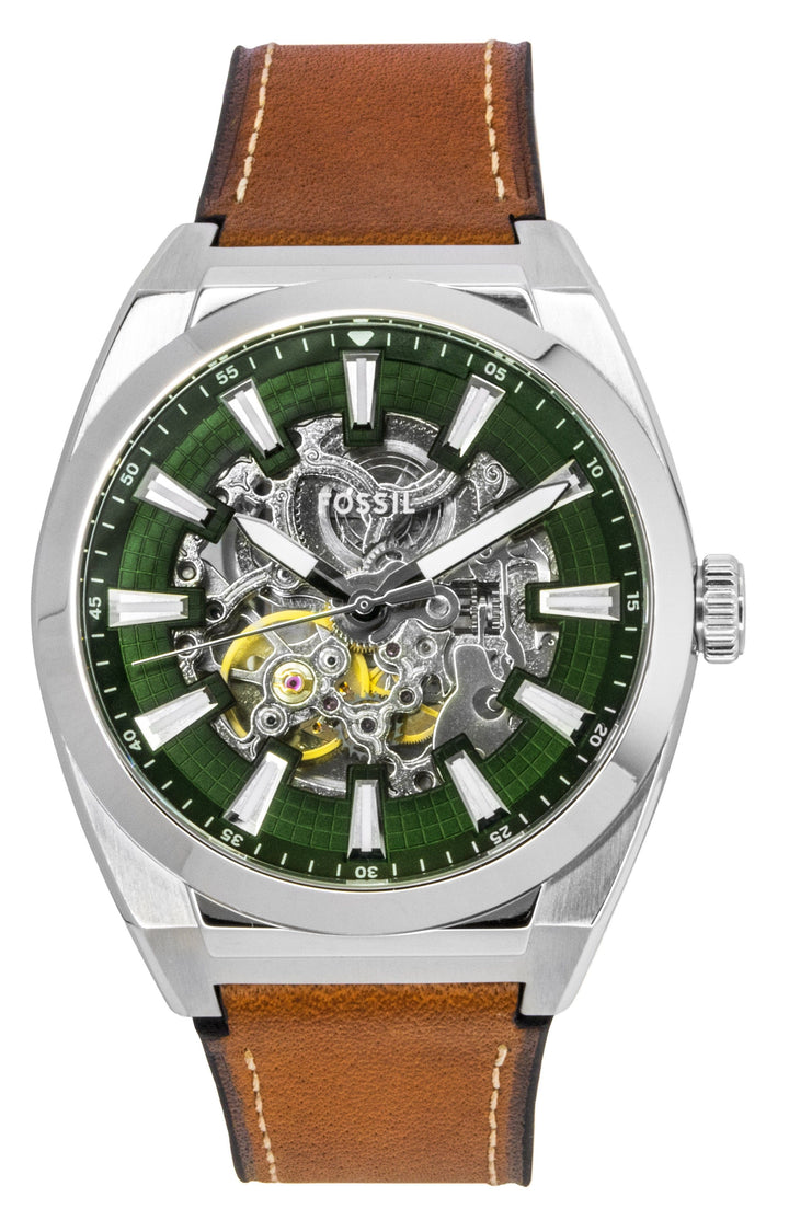 Fossil Everett Brown Leather Strap Green Skeleton Dial Automatic ME3261 Men's Watch