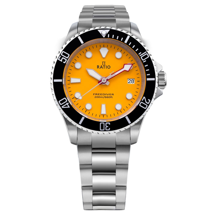 ساعة رجالية Ratio FreeDiver Sapphire Stainless Steel Yellow Dial Quartz RTF034 200M