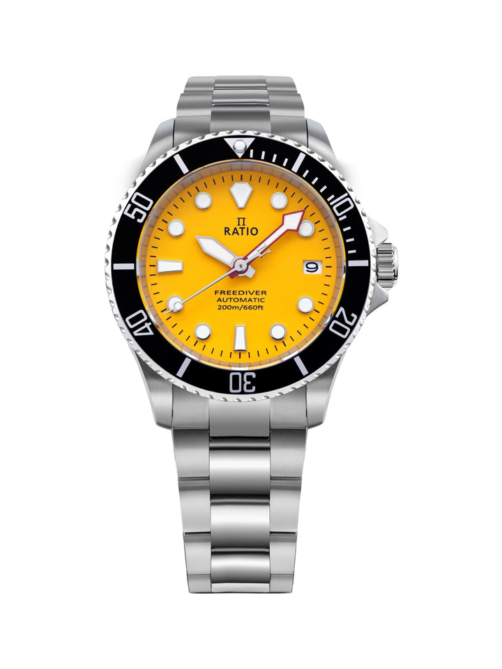 ساعة رجالية Ratio FreeDiver Sapphire Stainless Steel Yellow Dial Automatic RTF044 200M