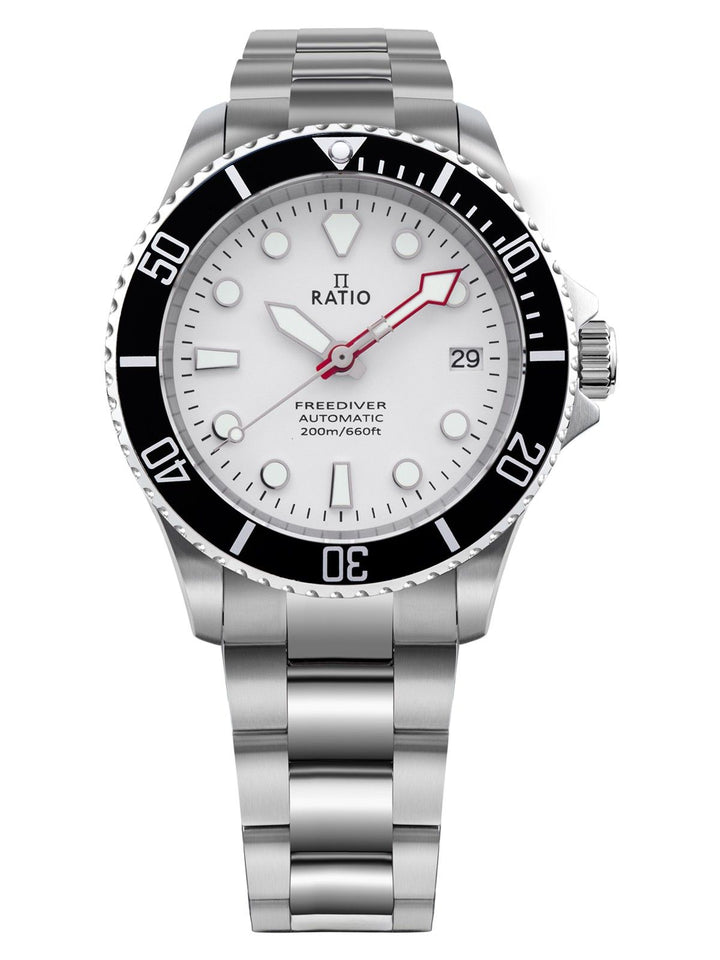 ساعة رجالية أتوماتيكية Ratio FreeDiver Sapphire Stainless Steel بيضاء المينا مقاومة للماء حتى 200 متر RTF047