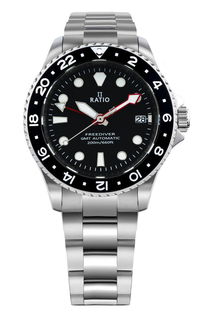 ساعة رجالية Ratio FreeDiver GMT Series Sapphire Stainless Steel Black Dial Automatic RTF051 200M