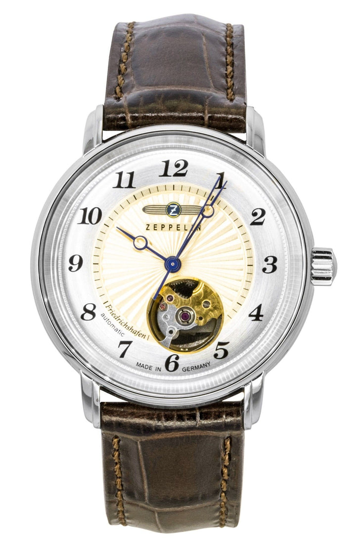 Zeppelin Friedrichshafen Leather Strap Open Heart Gold Dial Automatic 85675 Women's Watch