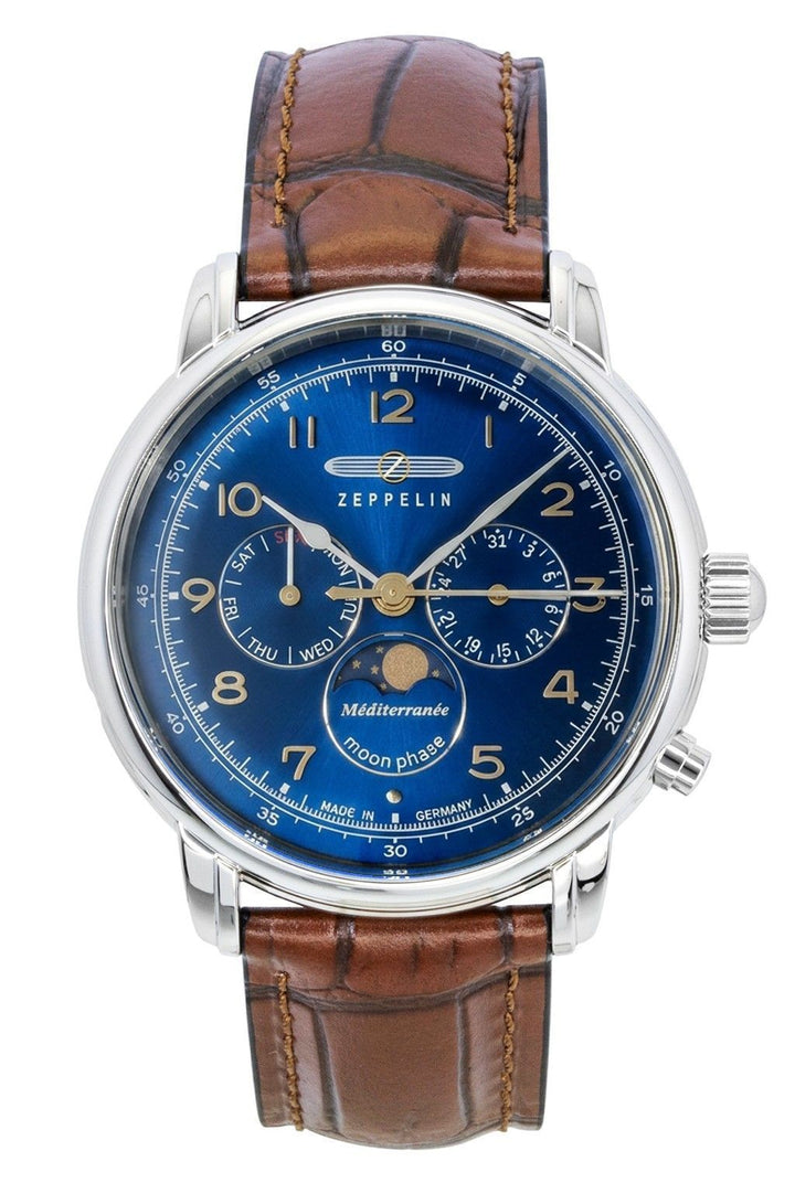 Zeppelin 100 Jahre Mediterranee Moonphase Leather Strap Blue DIal Quartz 96363 Men's Watch